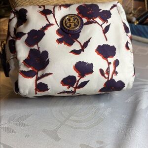 Tory Burch White and Purple Floral Cosmetic Bag